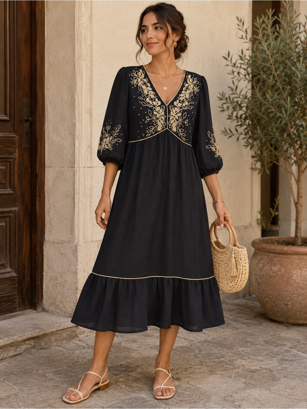 ✨Figueroa & Flower Women’s Elbow Sleeve Embroidered Peasant Dress Size S
